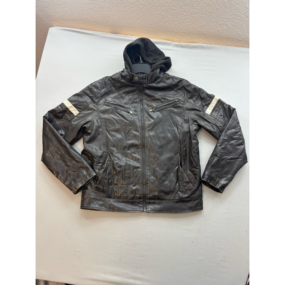 Structure Mens Faux Leather Moto Jacket Brown Sherpa Lined Hooded Large L